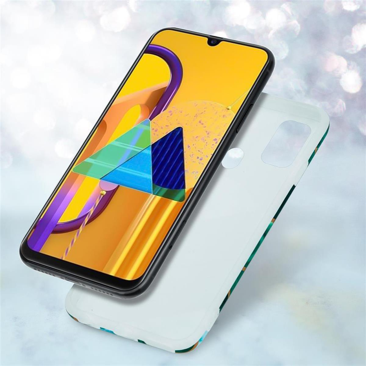 Smartphone con custodia. Il telefono mostra un design colorato e la custodia è bianca.