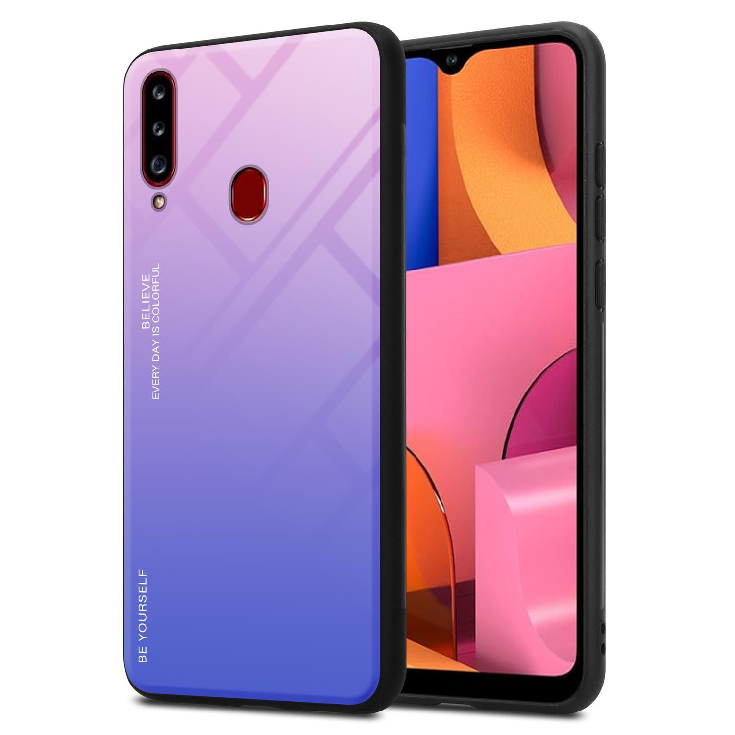 Handyhülle mit Farbverlauf von Blau nach Lila. Das Telefon hat einen rosa-lila Hintergrund.