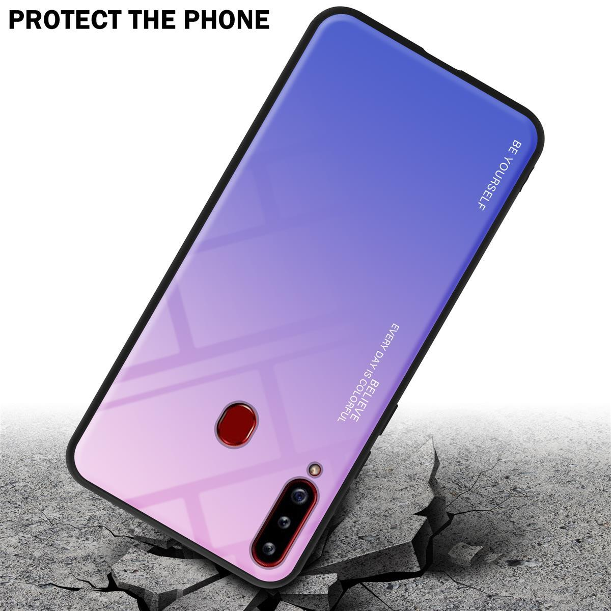 Handyhülle mit blau/lila Farbverlauf. Das Telefon liegt auf einer zerbrochenen Oberfläche. Text: 'Schützen Sie das Telefon'.