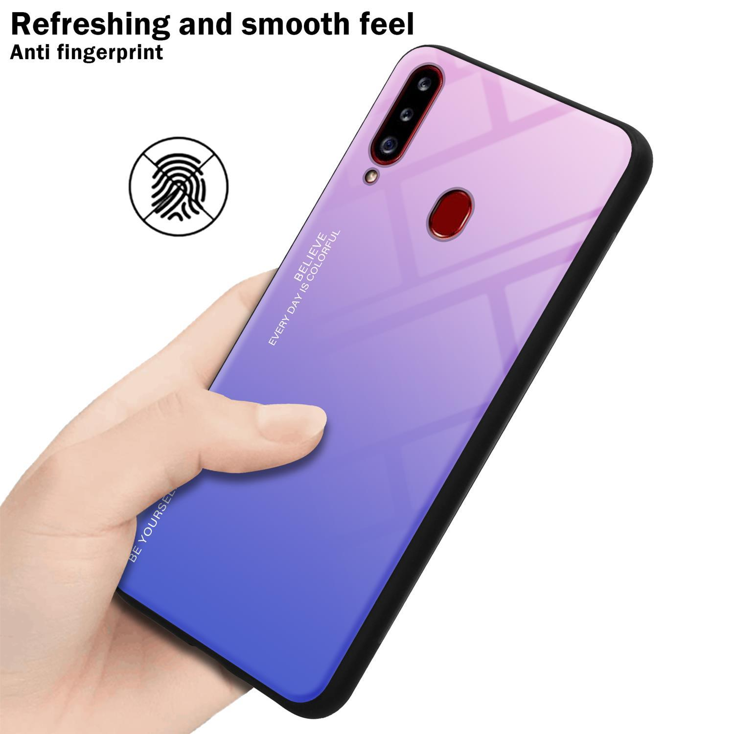 Eine Hand, die ein Telefon mit einem lila-rosa Farbverlauf hält. Das Telefon zeigt ein Fingerabdrucksymbol.