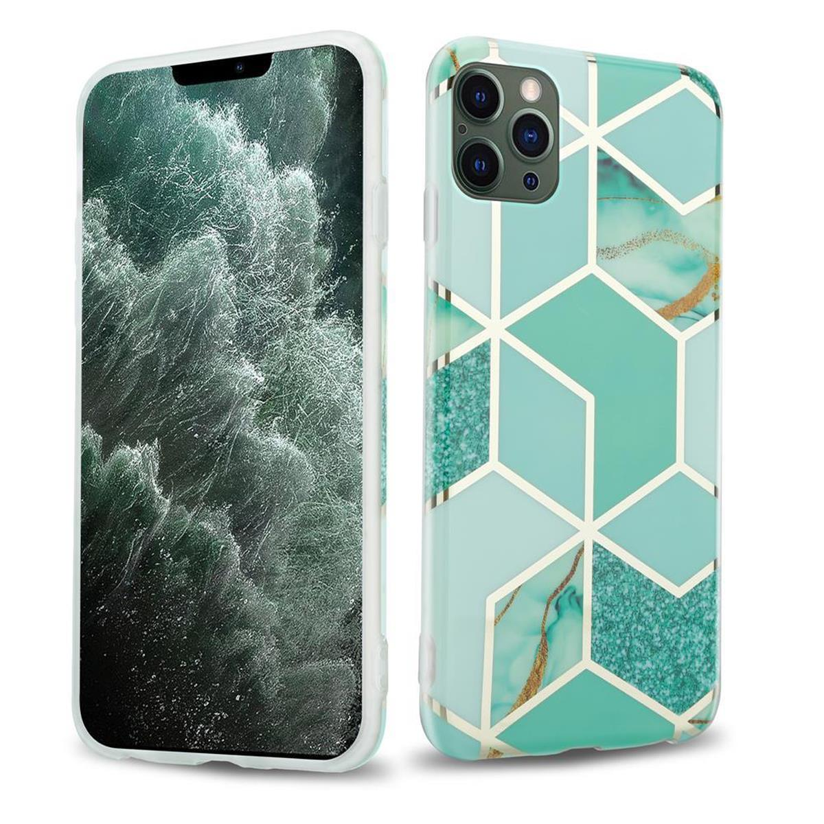 Zwei iPhone-Hüllen. Eine zeigt Meereswellen. Die andere hat ein geometrisches Türkismuster.