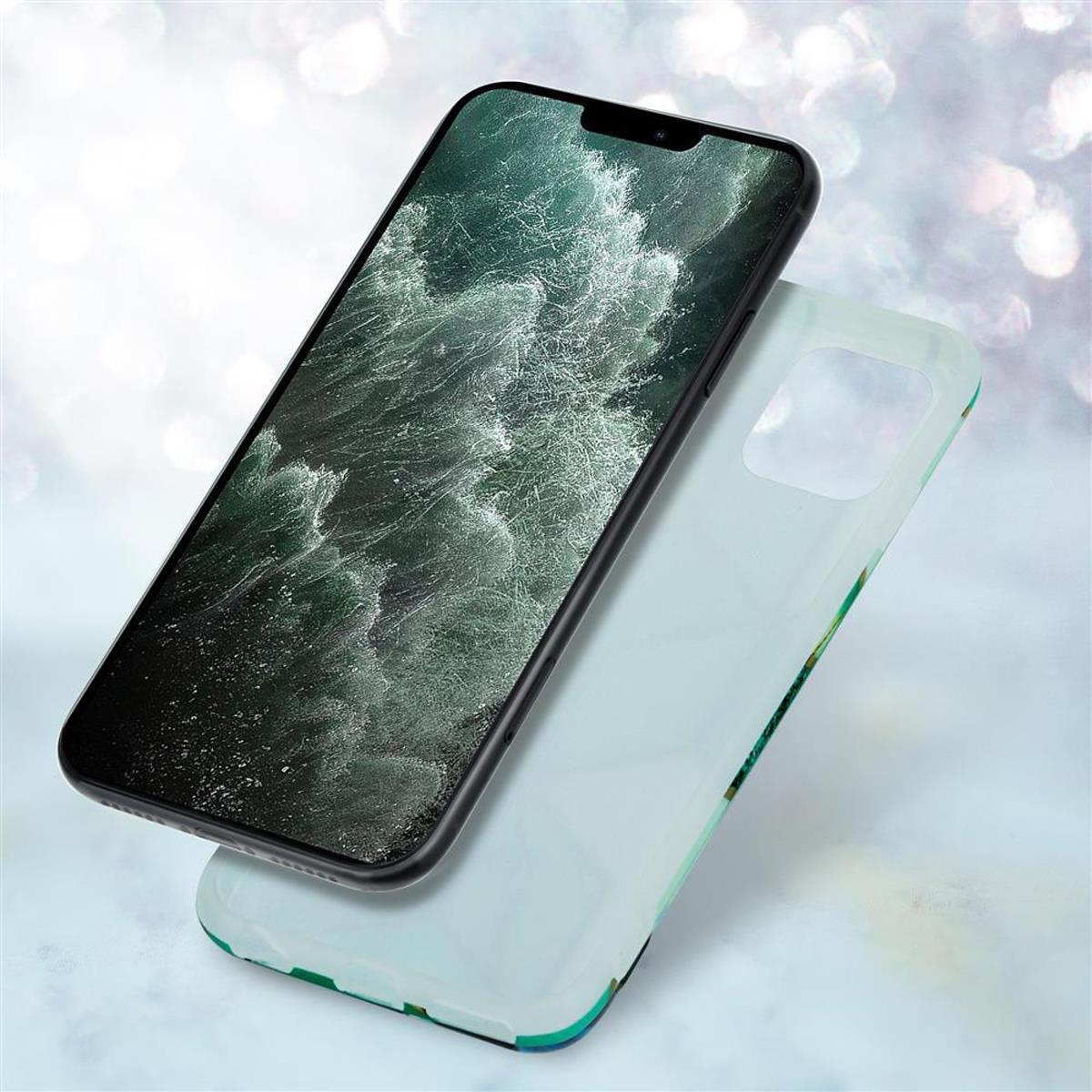 Ein Telefon mit einem Wasserbildschirm und eine zusätzliche Hülle. Die Hülle hat ein Blumenmuster.