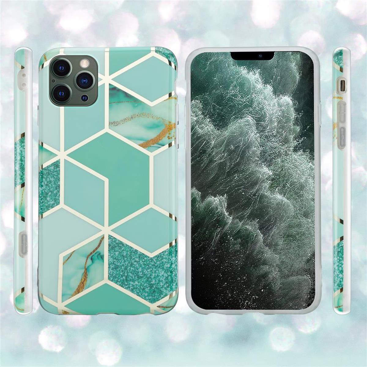 Vier Handyhüllen. Eine mit geometrischem Design und drei mit einem Telefon darin.