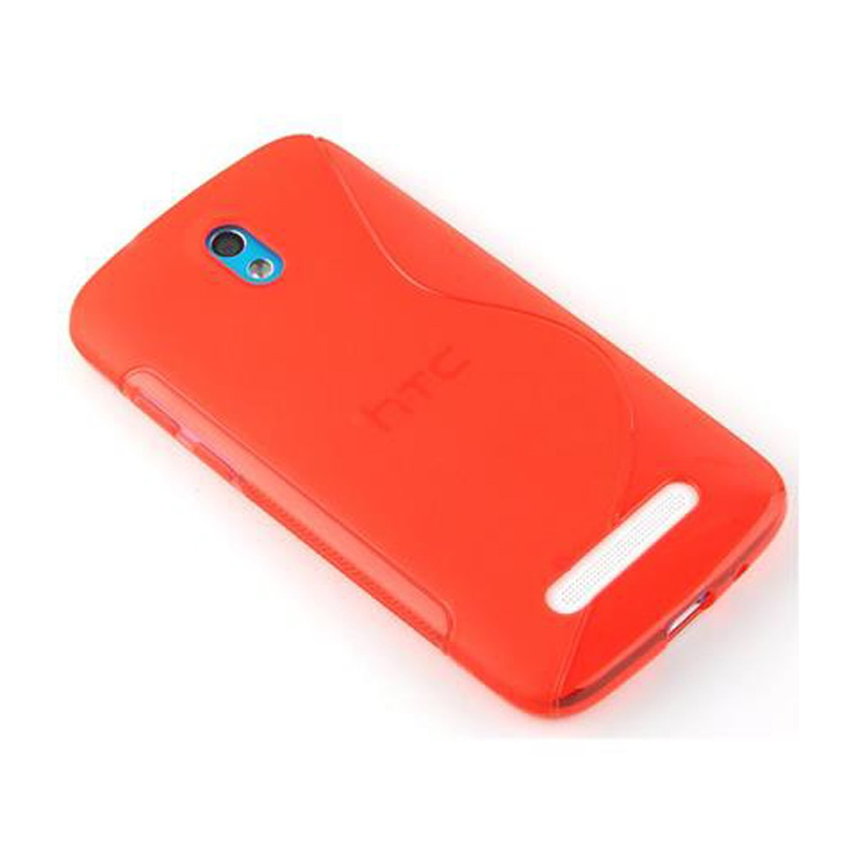 Orangefarbene HTC-Handyhülle auf weißem Hintergrund.