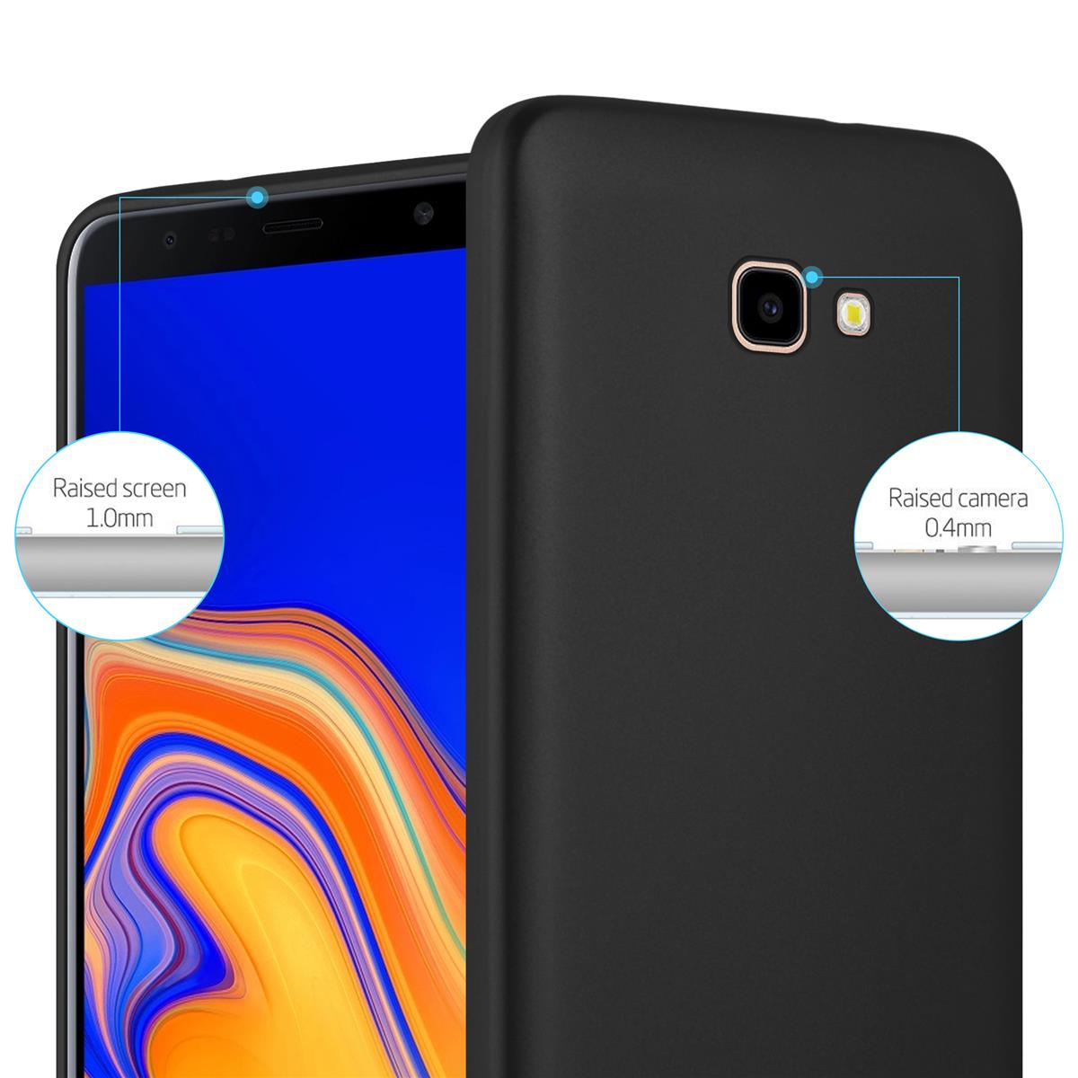 Custodia nera su un telefono, che mostra i dettagli della fotocamera e dello schermo in cerchi, con schermo blu.