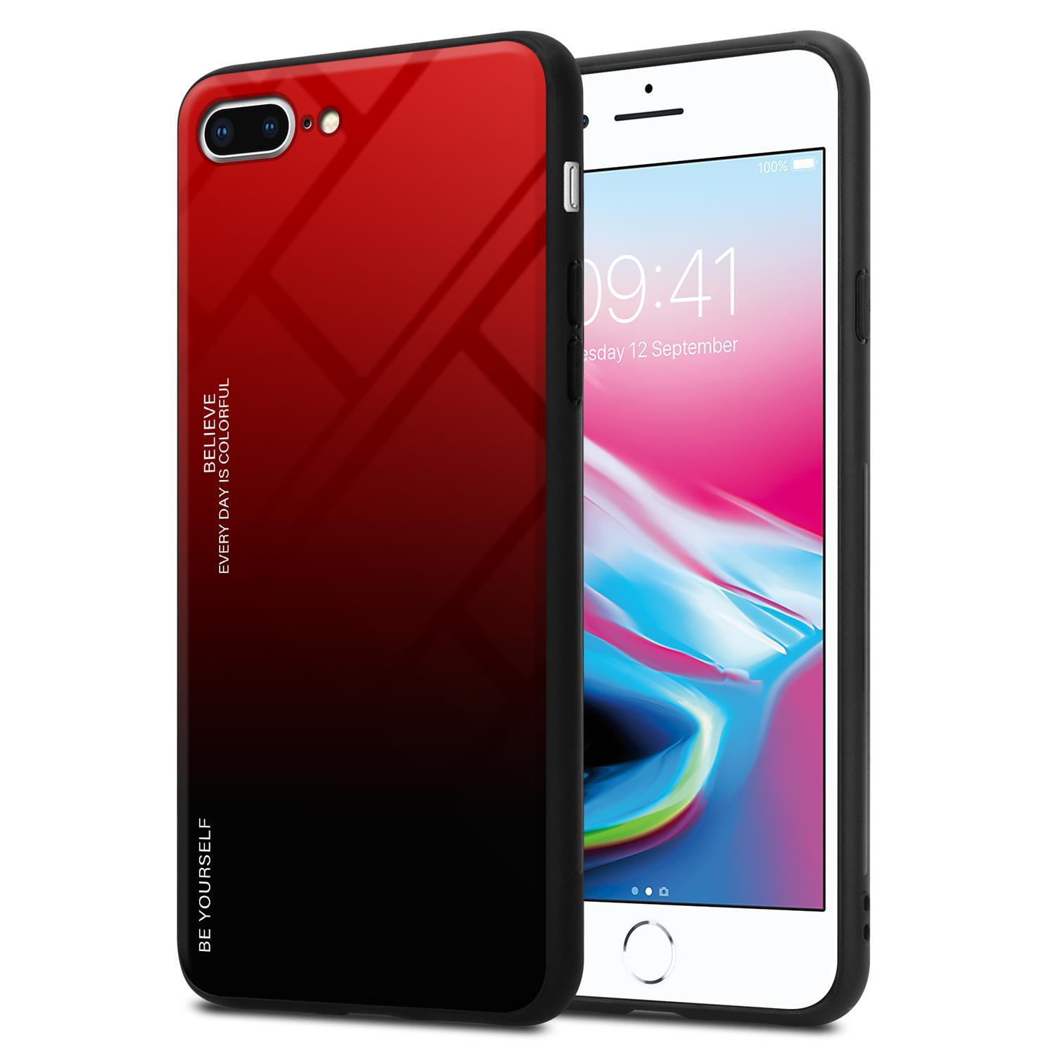 Un telefono con custodia rossa e nera. Il telefono è bianco, con schermo acceso. La custodia lo copre.