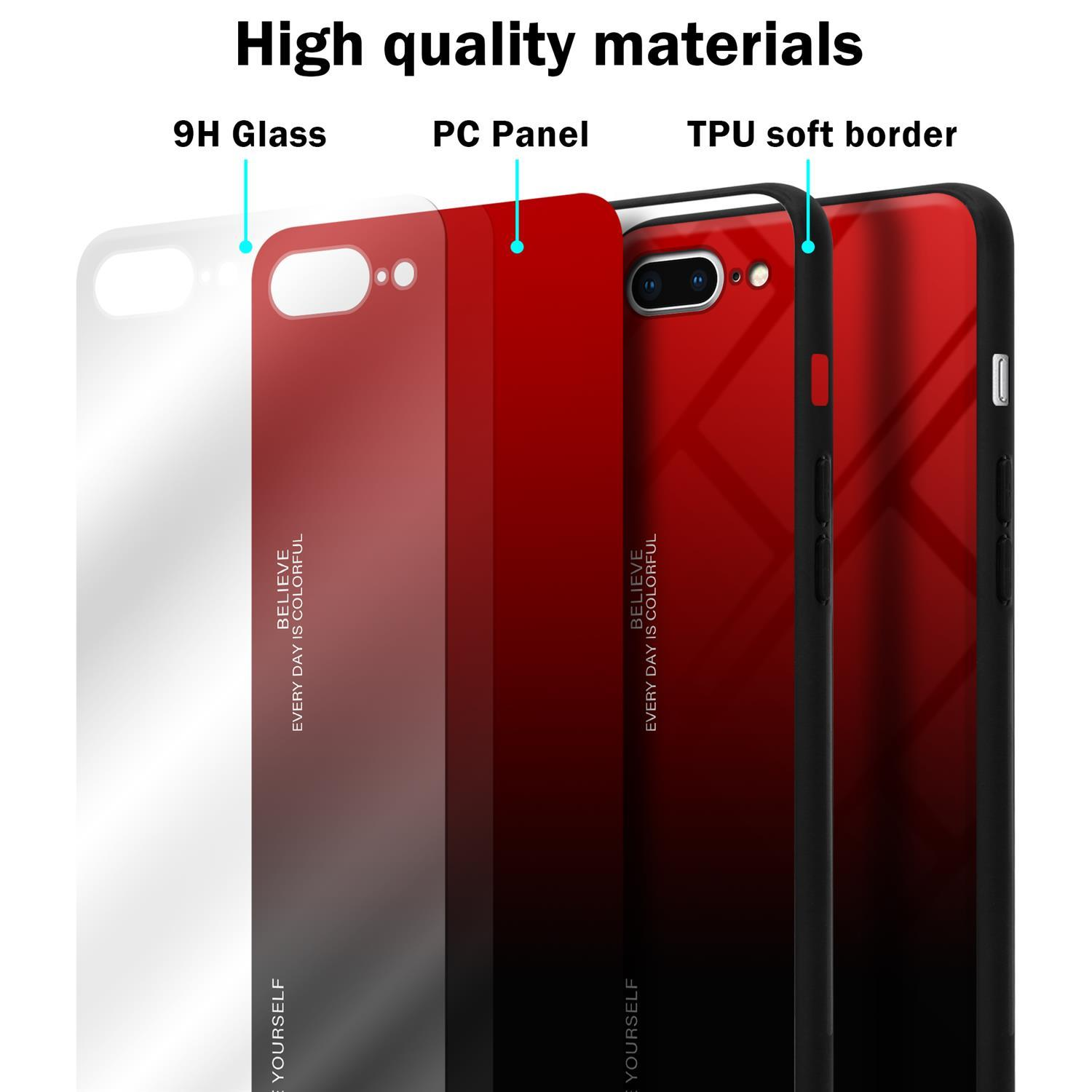 Custodia del telefono multistrato: vetro 9H, pannello PC e bordo in TPU. Design sfumato rosso e nero, ritaglio per telefono.
