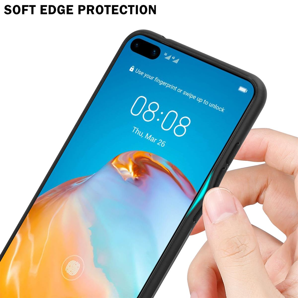 Mano che tiene un telefono. Il telefono mostra l'ora e la data. Protezione dei bordi visibile sul telefono.