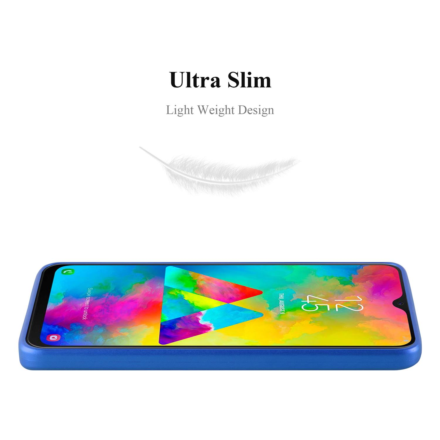 Una custodia blu su un telefono. Testo: Ultra sottile, design leggero.