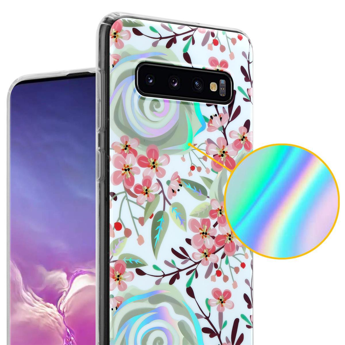 Custodia per telefono con fiori rosa su sfondo bianco. Un dettaglio mostra il design in un cerchio.