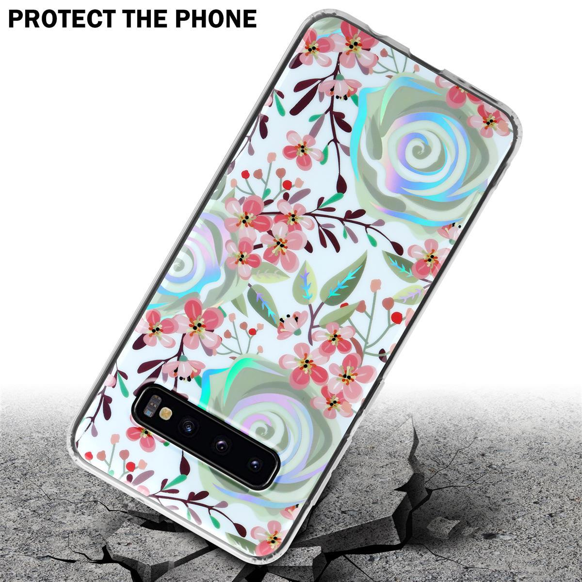 Telefono in una custodia floreale, su una superficie bianca con effetto crepato.