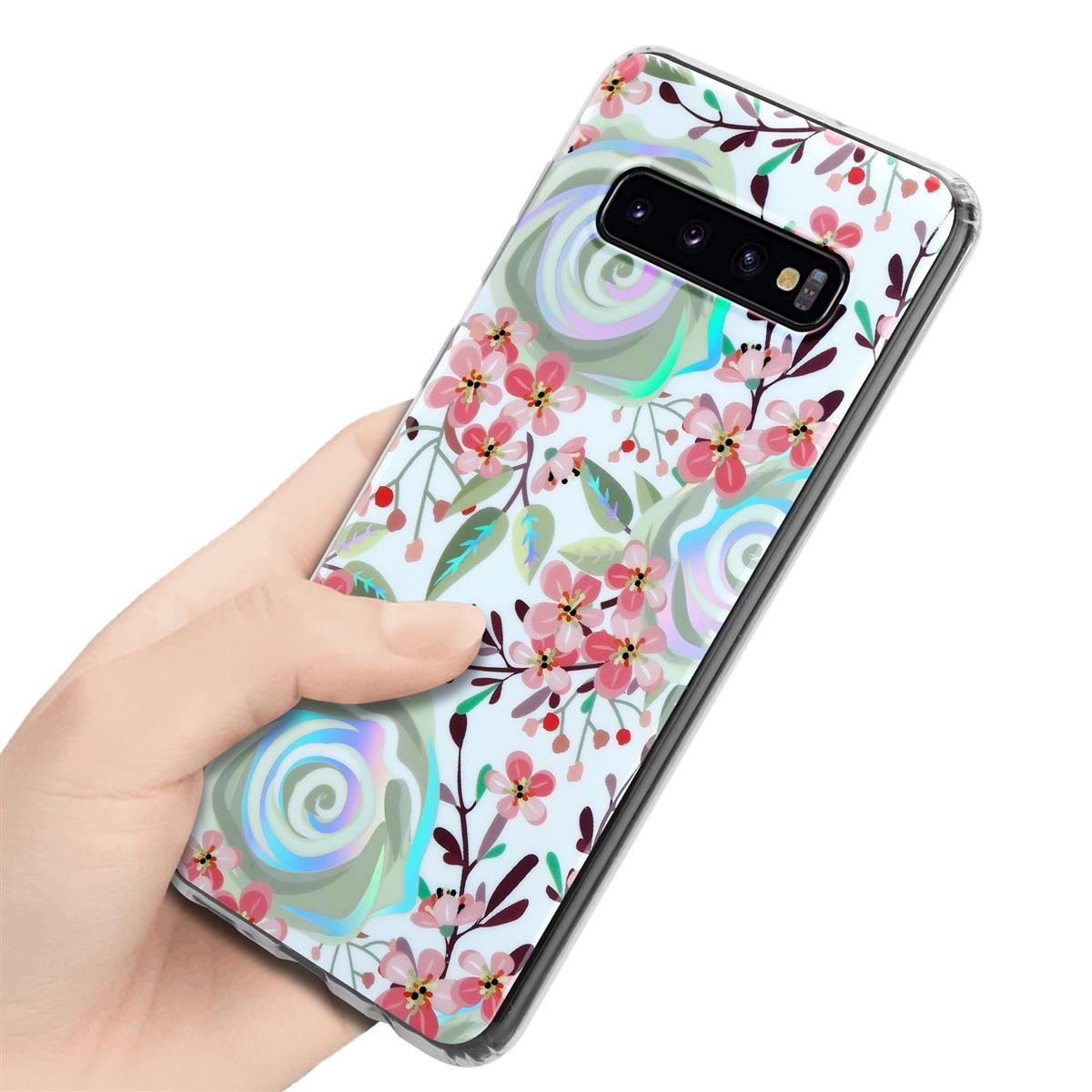 Una mano che tiene un telefono con una custodia floreale. La custodia ha fiori rosa e foglie verdi.