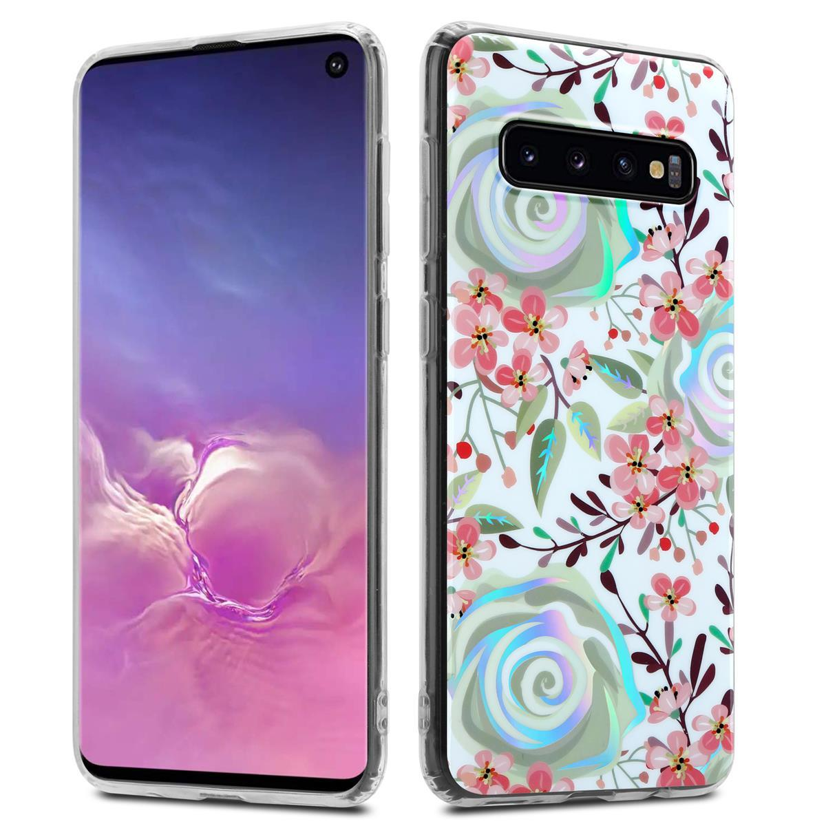 Due telefoni uno accanto all'altro. Uno mostra un cielo viola. L'altro mostra un disegno floreale con fiori rosa e rossi.