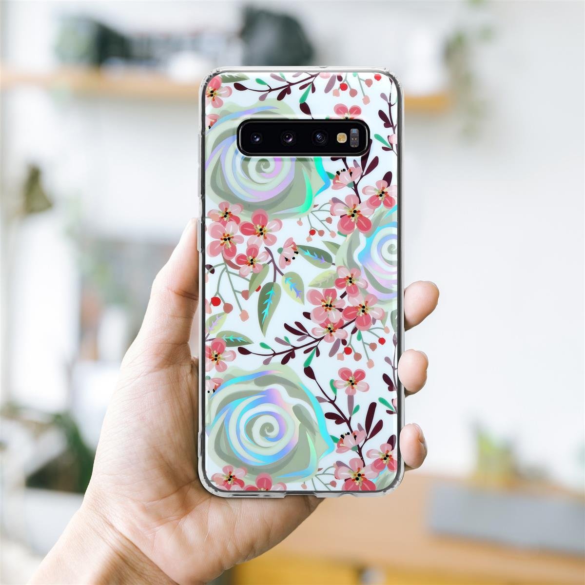 4G, S10 Backcover, TPU CADORABO Blätter, IMD PFIRSICHBLÜTEN Bunte Blumen Samsung, Hülle Galaxy &