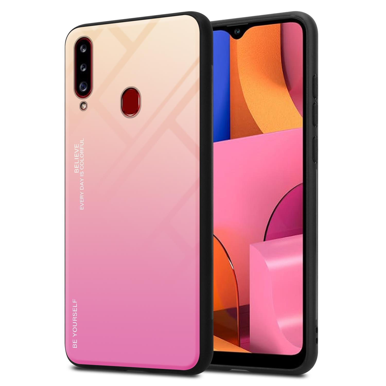 Telefon mit einer rosa-gelben Farbverlaufshülle. Die Hülle hat den Text 'BELIEVE'. Der Bildschirm ist sichtbar.