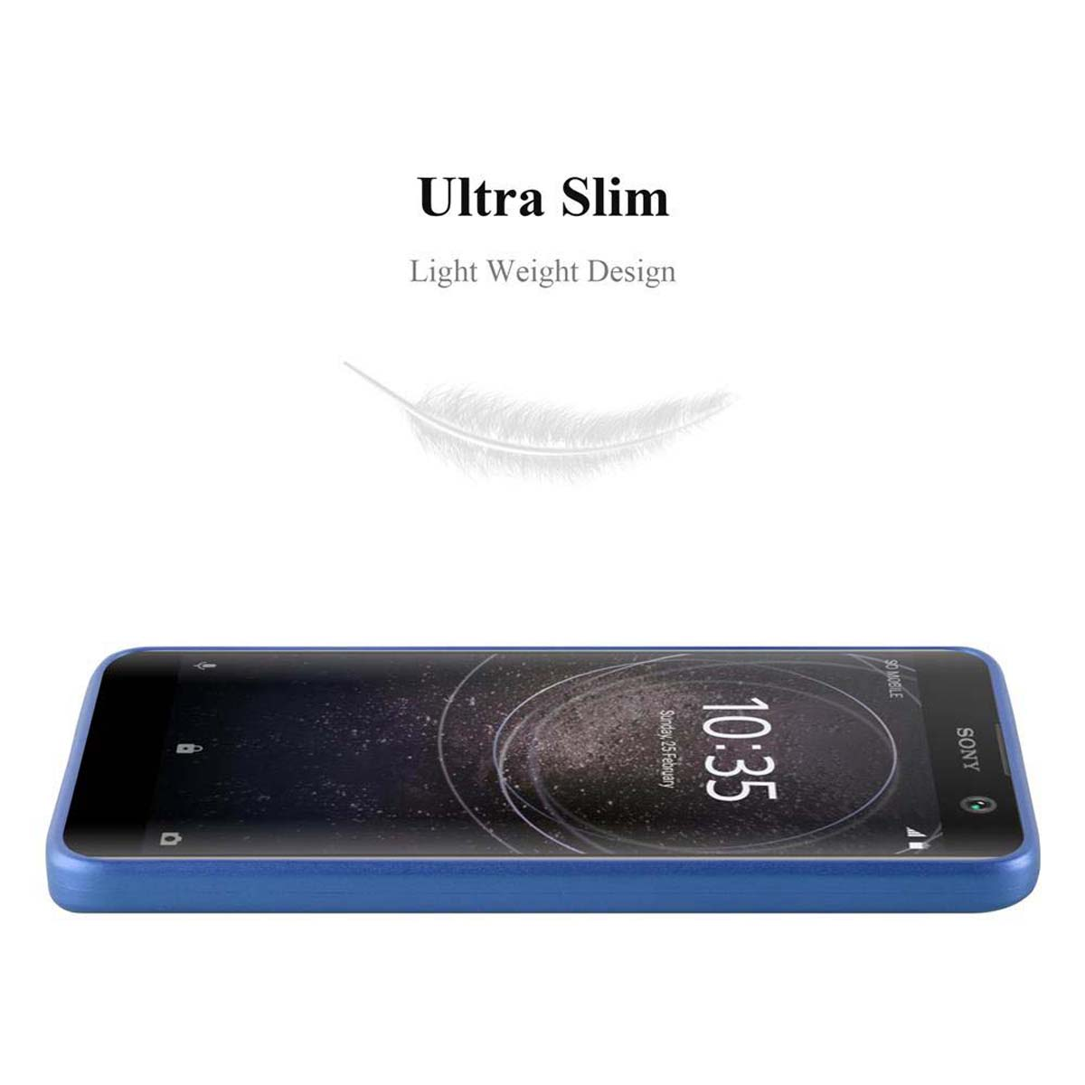 Blaues Telefon liegt auf der Seite. Der Bildschirm zeigt die Uhrzeit. Hintergrund: 'Ultra Slim'.