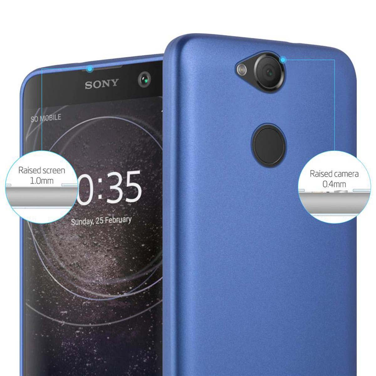 Blaue Handyhülle auf Telefon mit Uhrzeit. Erhöhte Kamera- und Bildschirmdetails.