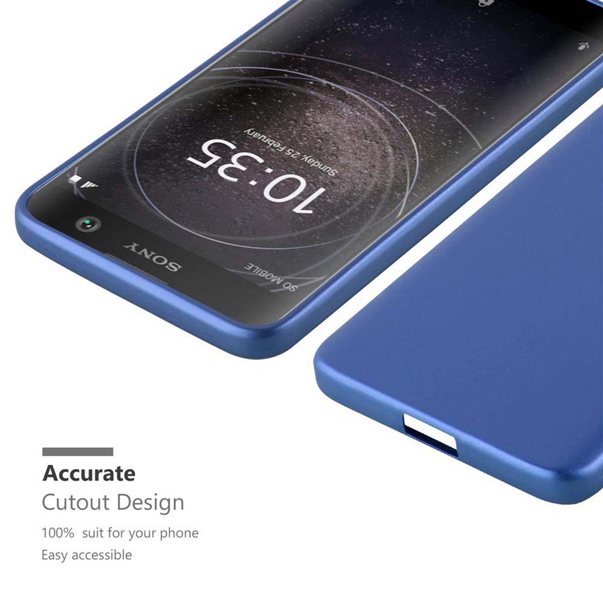Nahaufnahme einer blauen Handyhülle auf einem Telefon mit schwarzem Bildschirm. Zeit 10:35, Sonntag, 25. Februar.