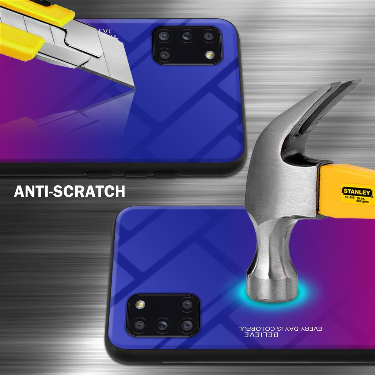 Zwei Handys, eines wird mit einem Teppichmesser geschnitten, und ein Hammer schlägt auf das andere.