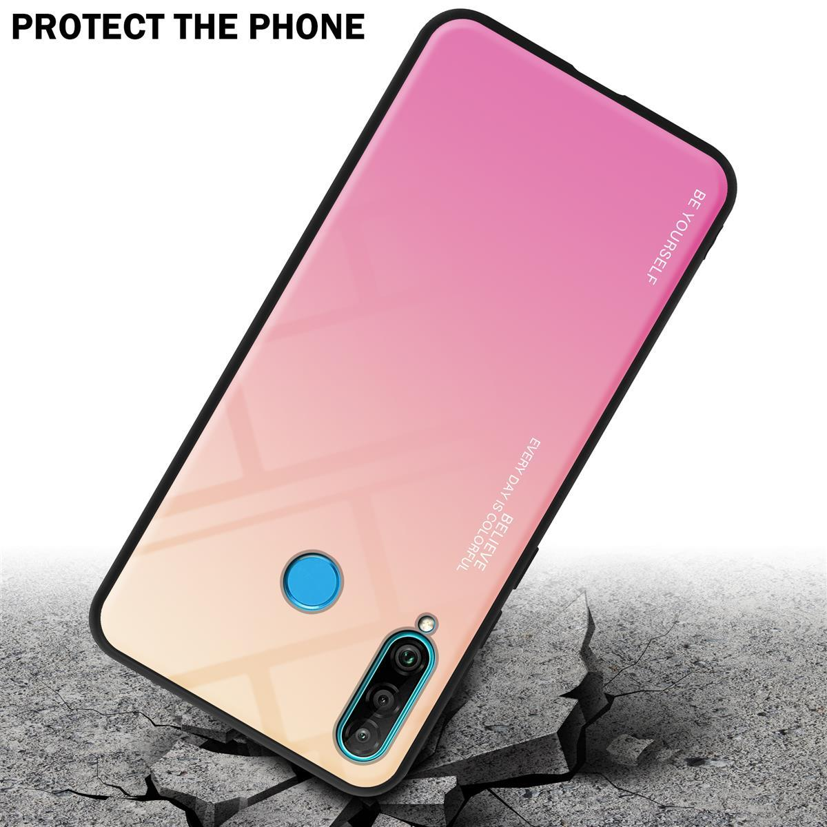 Handyhülle mit rosa-gelbem Farbverlauf, Risse im Vordergrund. Text: Schützen Sie das Telefon. Ein Telefon am Boden