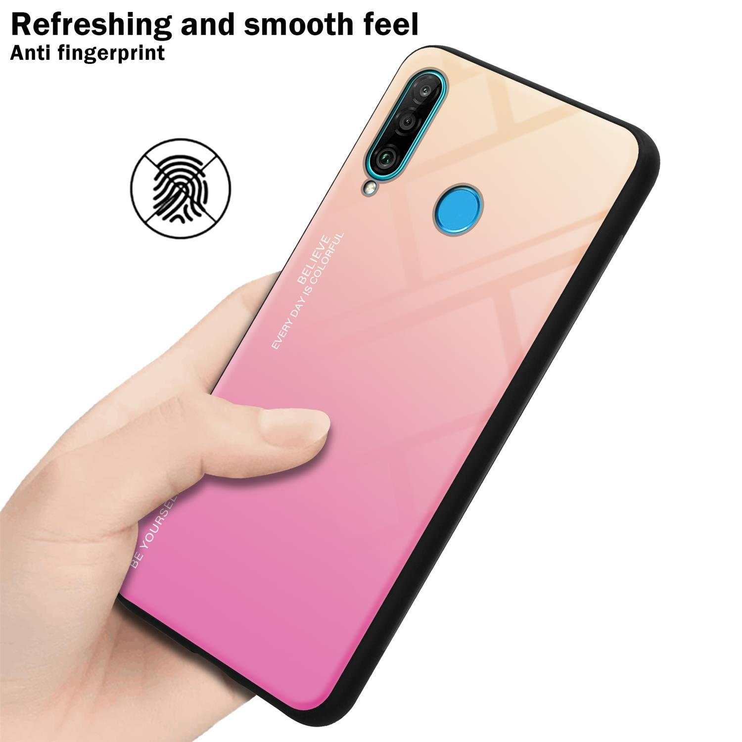 Eine Hand, die ein Telefon mit einer farbenfrohen, farbverlaufenden Hülle hält. Der Hintergrund ist unscharf.