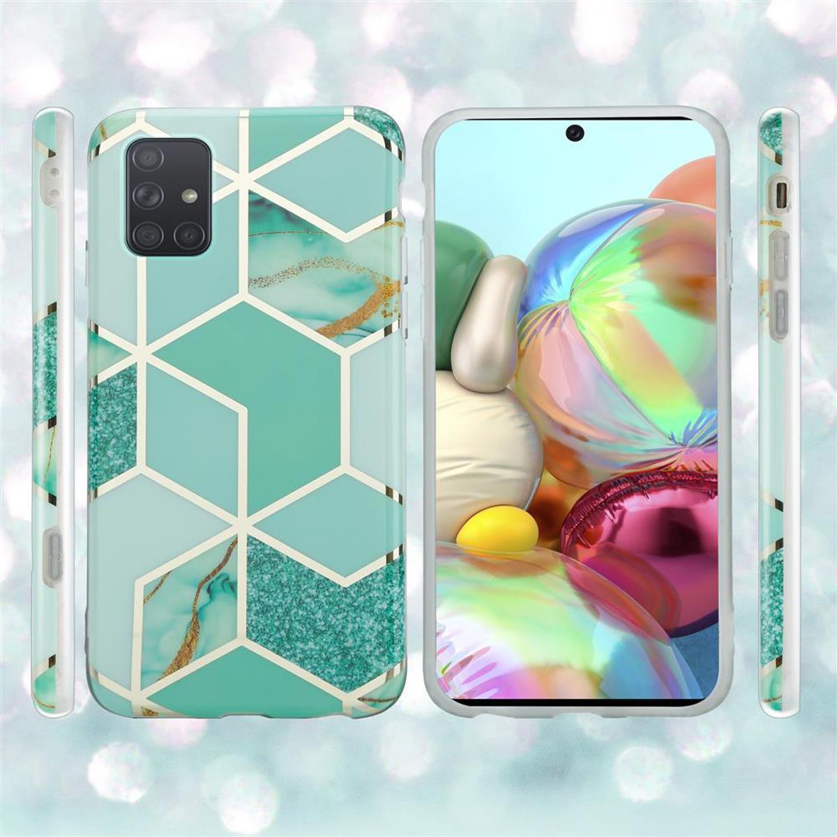 Un telefono è visualizzato in una custodia geometrica verde acqua, che mostra le viste frontali e laterali.