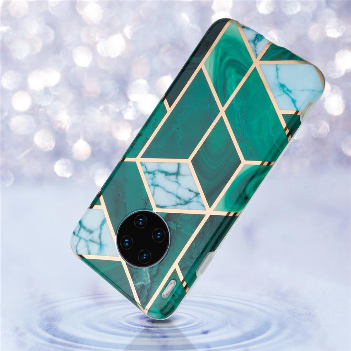 Una custodia per telefono con un design in marmo verde con linee dorate. Forme geometriche.