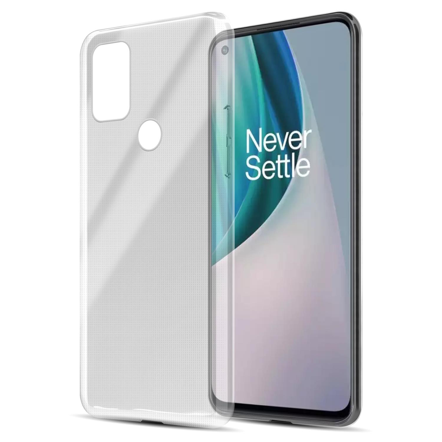 Una custodia trasparente per telefono accanto a un telefono con il testo 'Never Settle'.