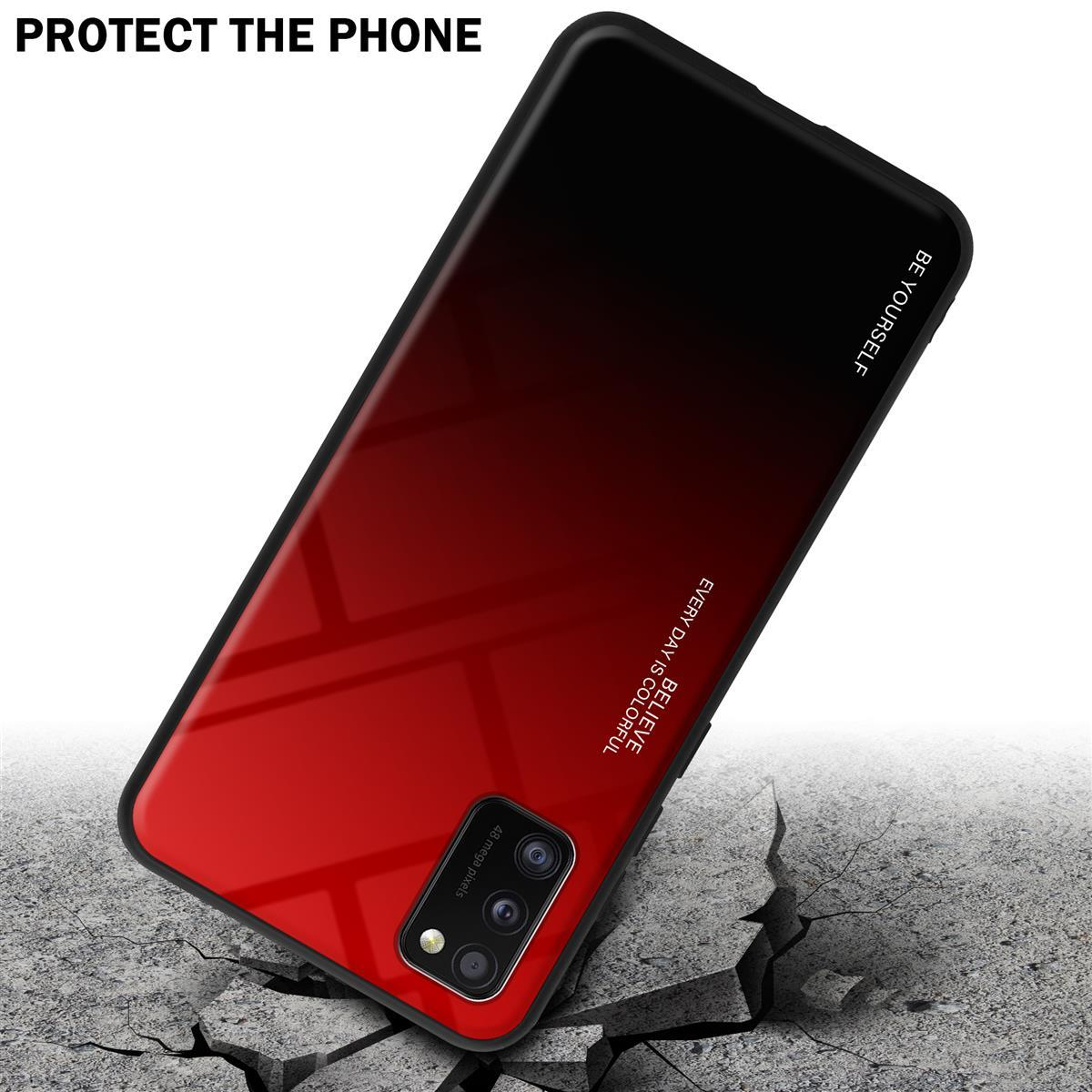 Rote und schwarze Handyhülle mit Telefon darin. Der Text oben lautet PROTECT THE PHONE.