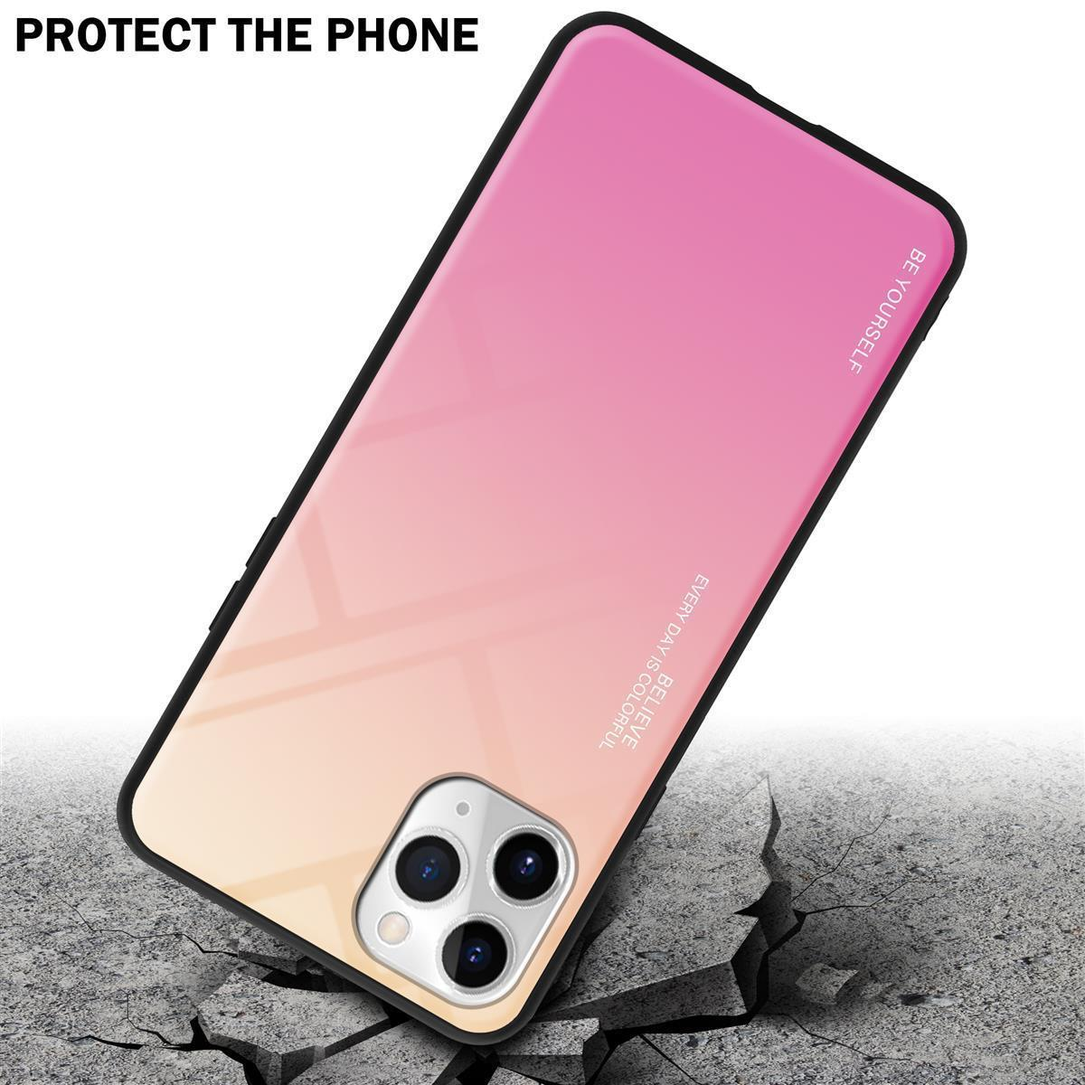Custodia per telefono con gradiente rosa-giallo. Terreno crepato, con le parole: Proteggi il telefono.