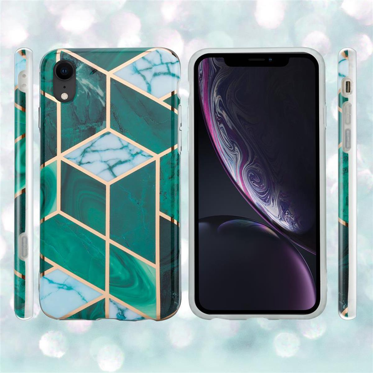 Due telefoni: uno con un design in marmo verde e l'altro con una custodia bianca.