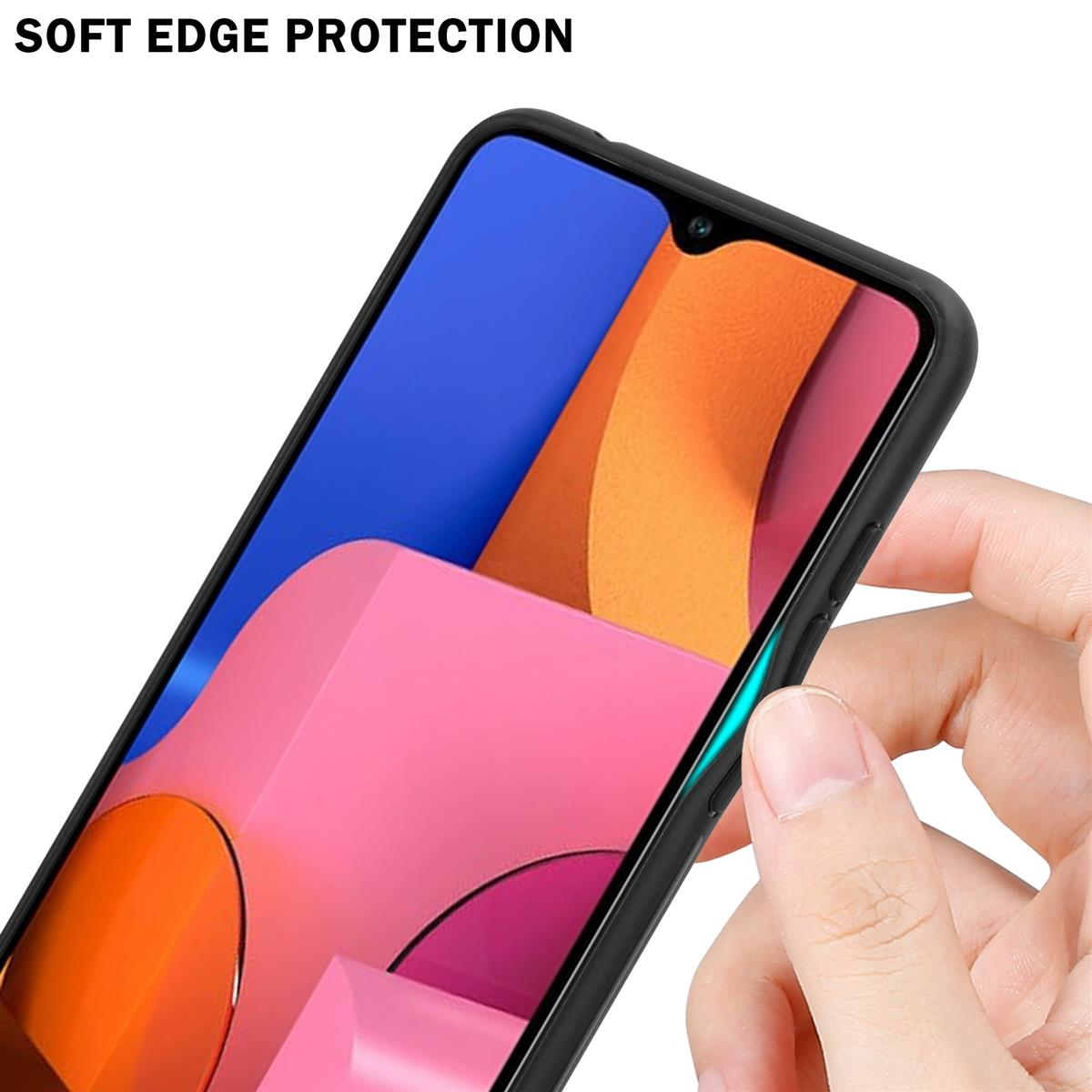 Eine Hand hält ein Telefon, zeigt dessen Rand und Bildschirm. Das Telefon hat einen Bildschirm mit blauen und rosa Grafiken.