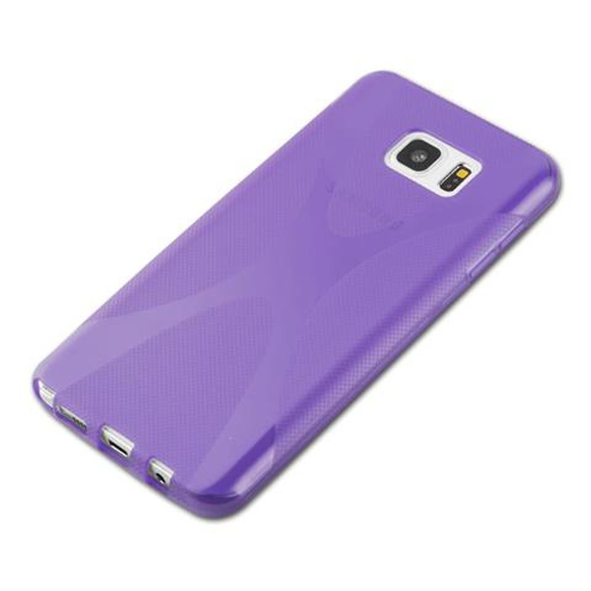 Viene mostrata una custodia viola, con un telefono all'interno.