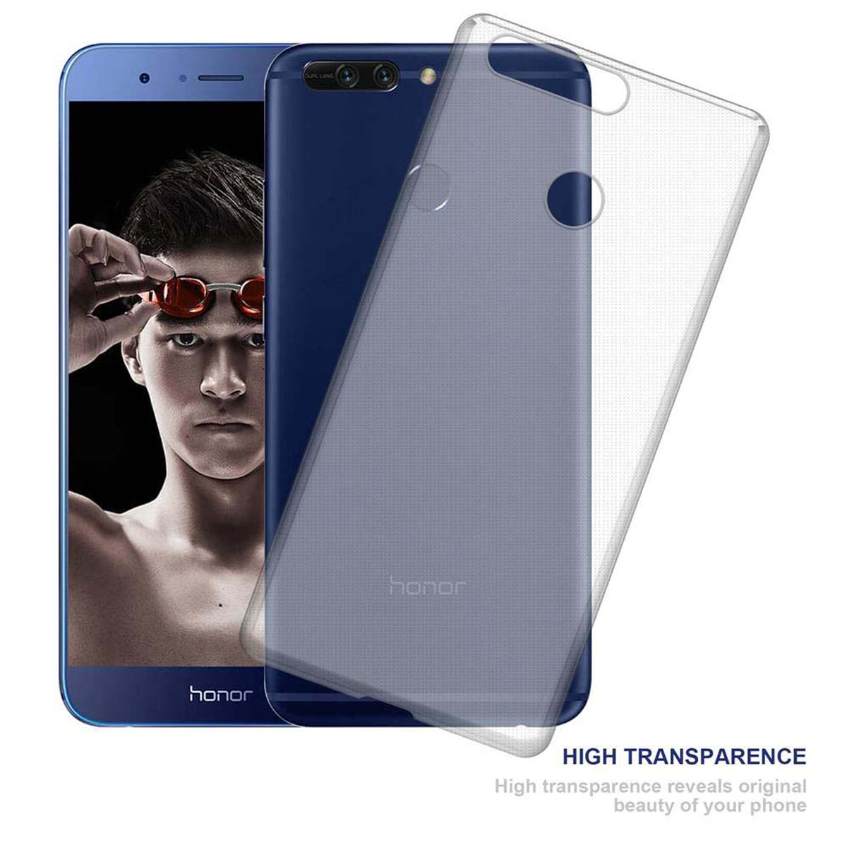 Un telefono blu con custodia trasparente e testo: HIGH TRANSPARENCE. Un uomo indossa occhiali da sole.