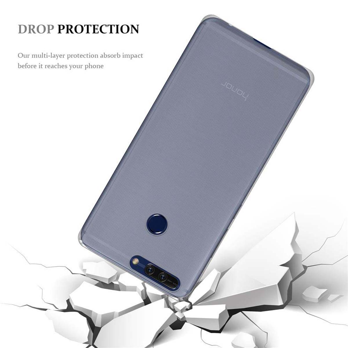 Custodia per telefono con sfumatura blu/grigia, mostrata su terreno crepato. Il testo dice 'Drop Protection'.