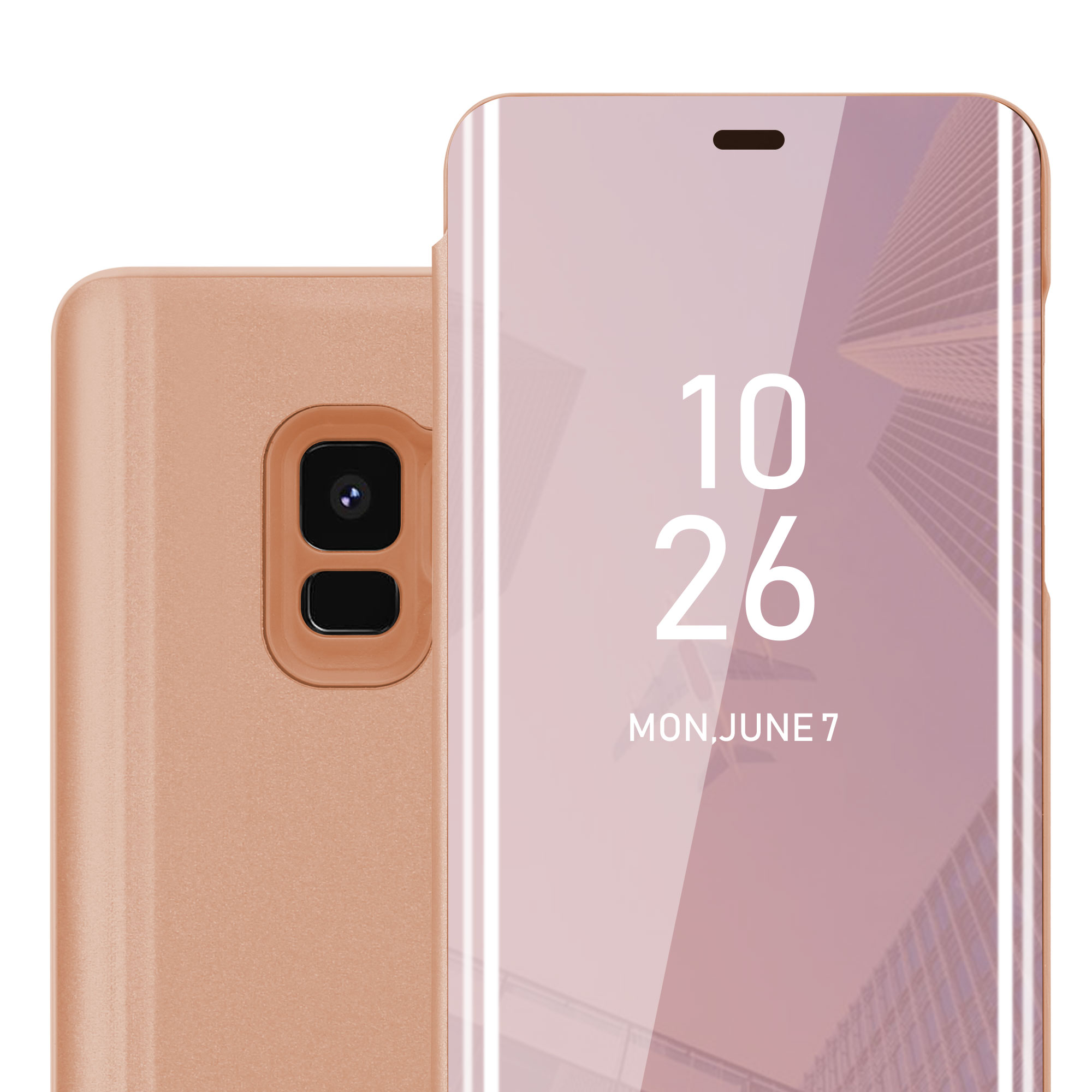 Custodia per telefono oro rosa con ora e data visualizzate sullo schermo. Sfondo bianco.