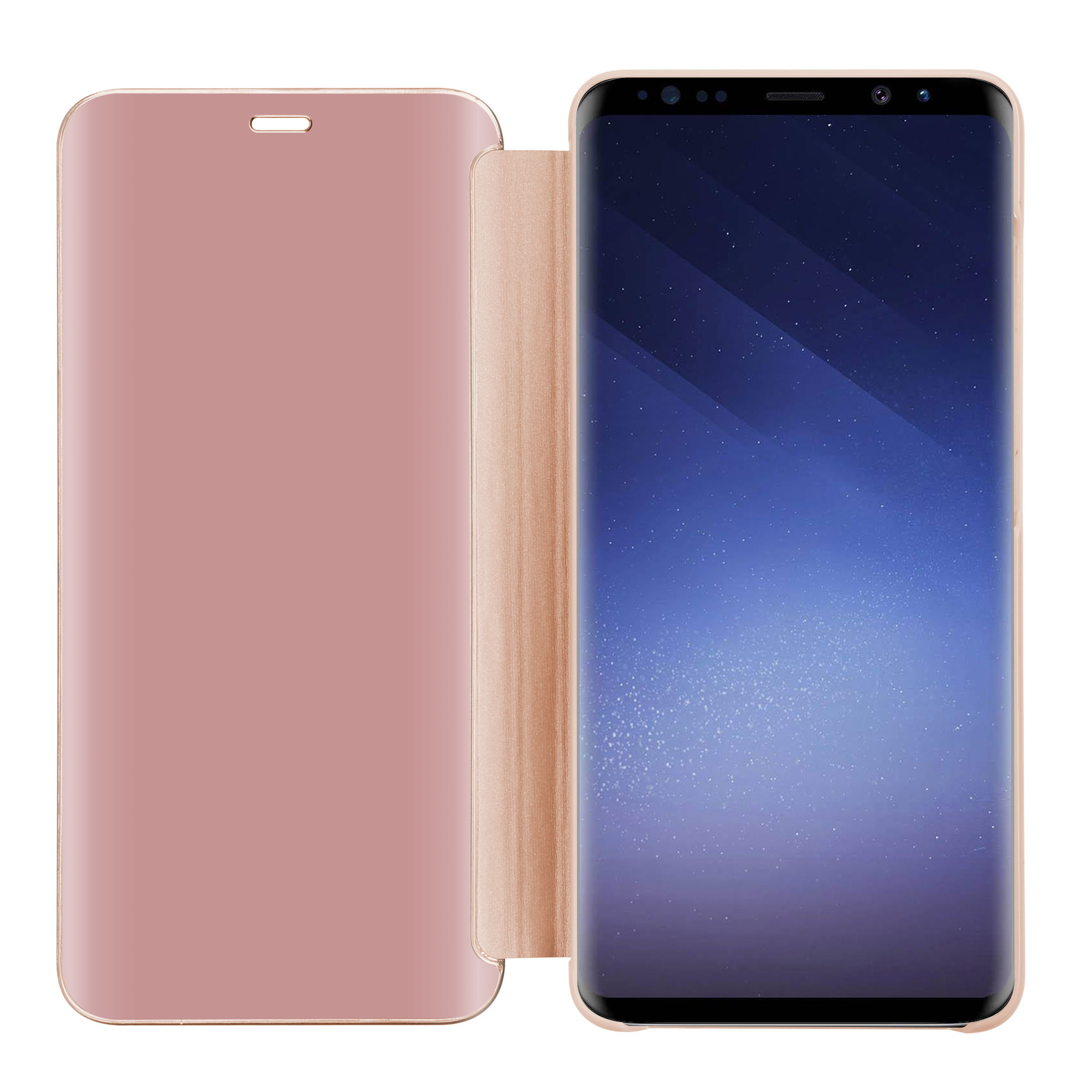 Una custodia per telefono rosa con copertura pieghevole. Il telefono all'interno ha uno schermo blu.