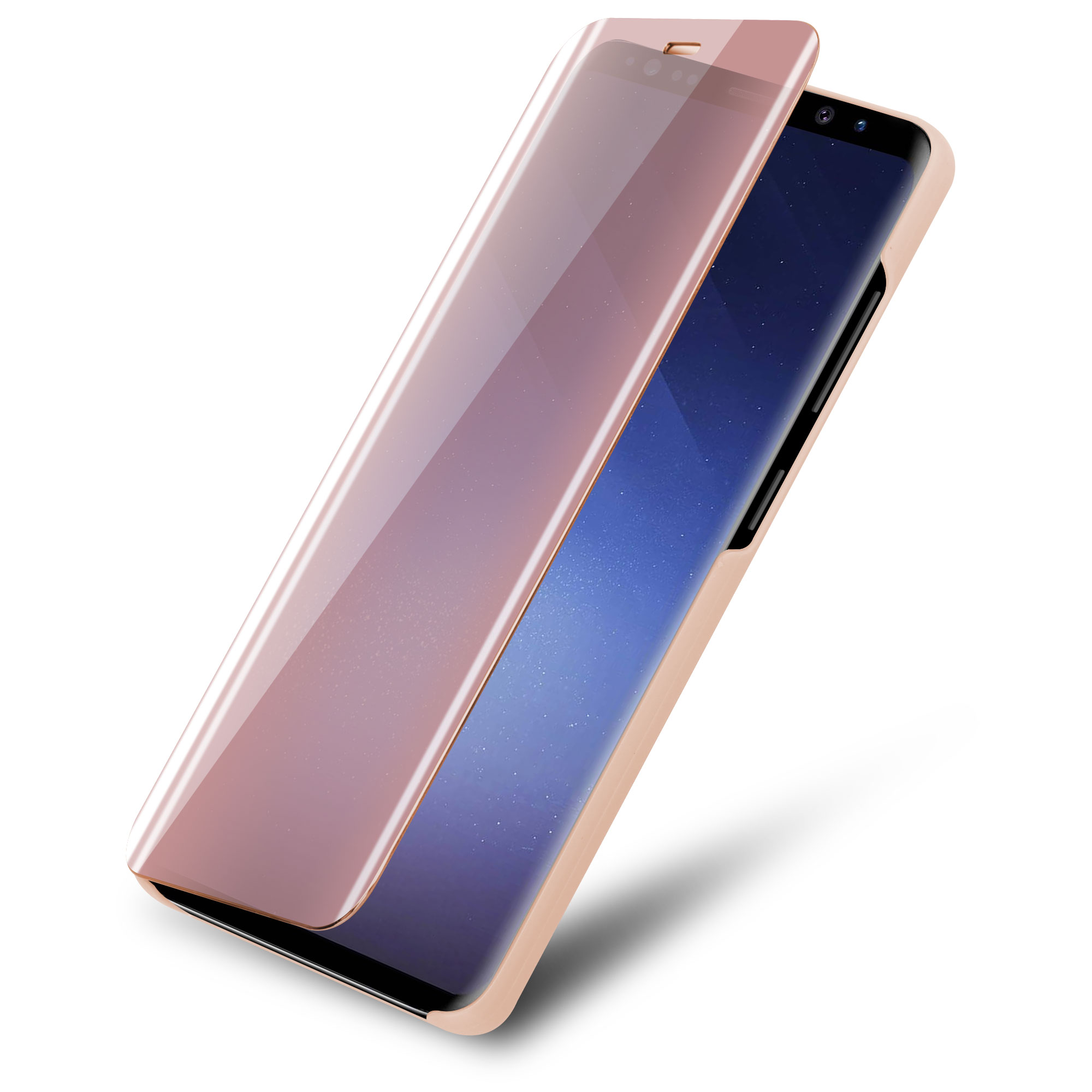 Custodia per telefono oro rosa con coperchio aperto, schermo mostra galassia. Sfondo bianco.
