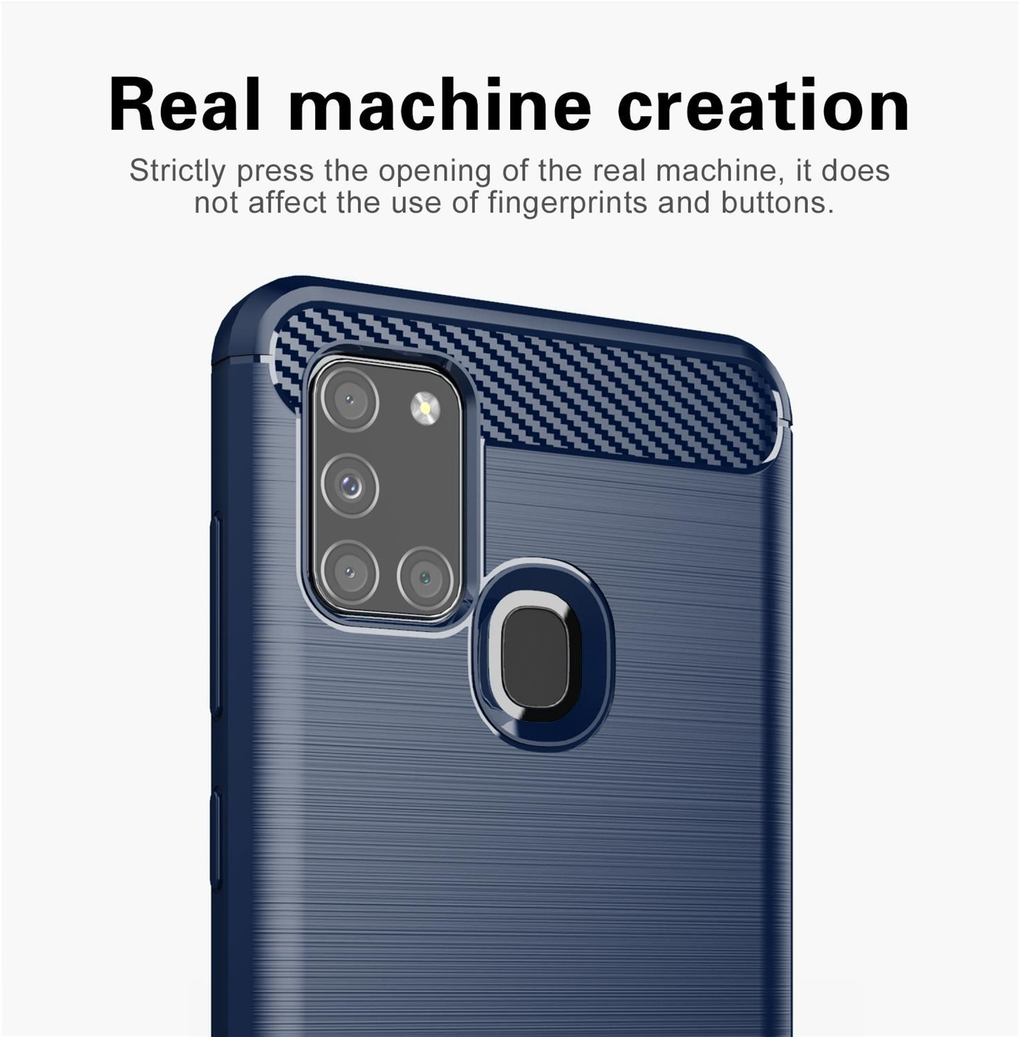 Una custodia per telefono blu con un primo piano, che mostra la fotocamera e il testo: 'Real machine creation'.