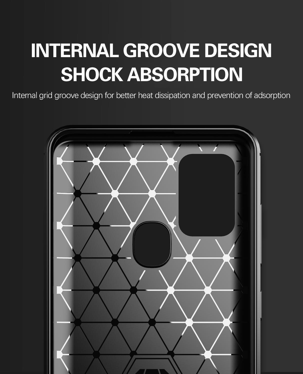 Una custodia per telefono con un motivo geometrico. È in bianco e nero, con un design a griglia. Il testo indica assorbimento degli urti.