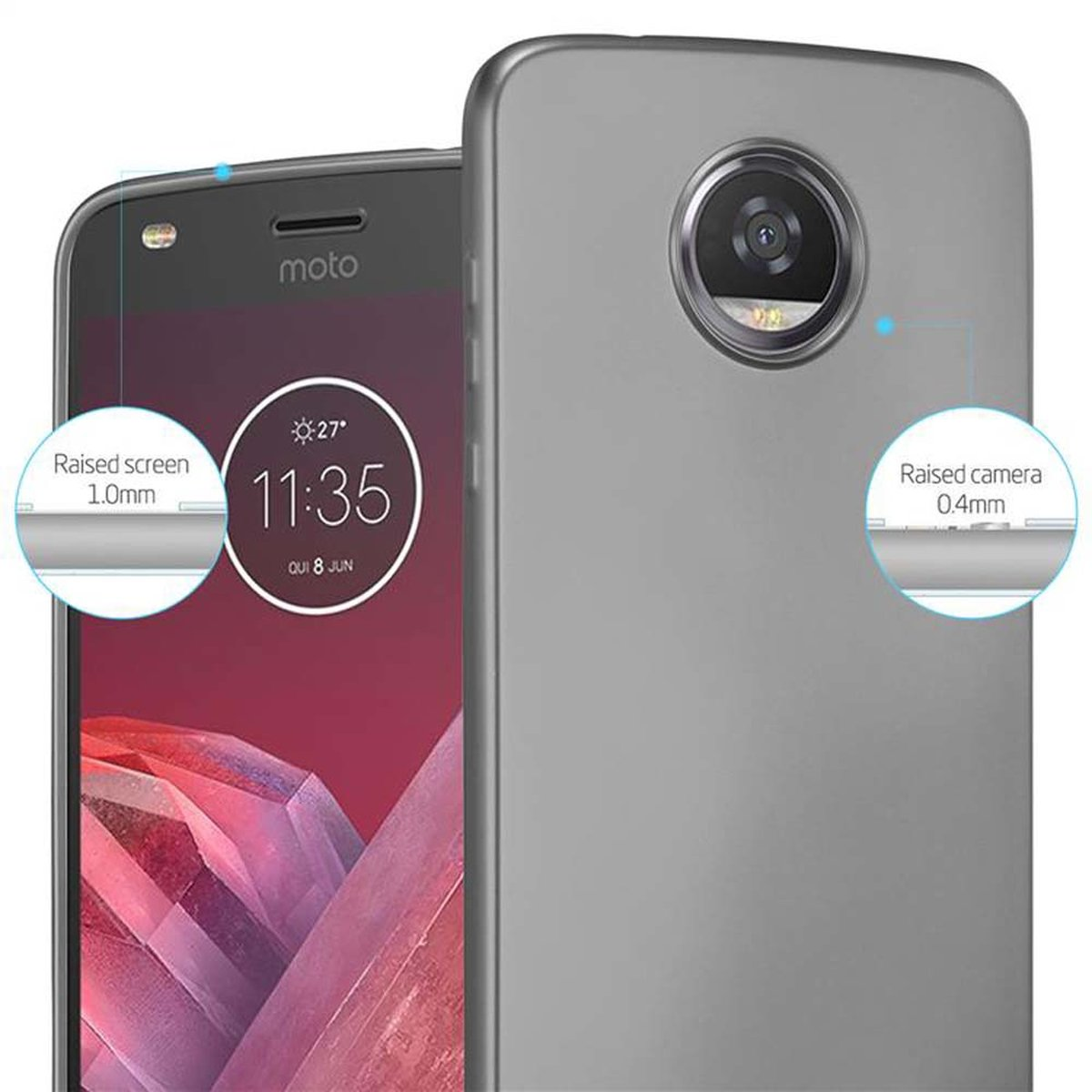 Un telefono con schermo e fotocamera rialzati, che mostra l'ora. Custodia abbinata a destra.