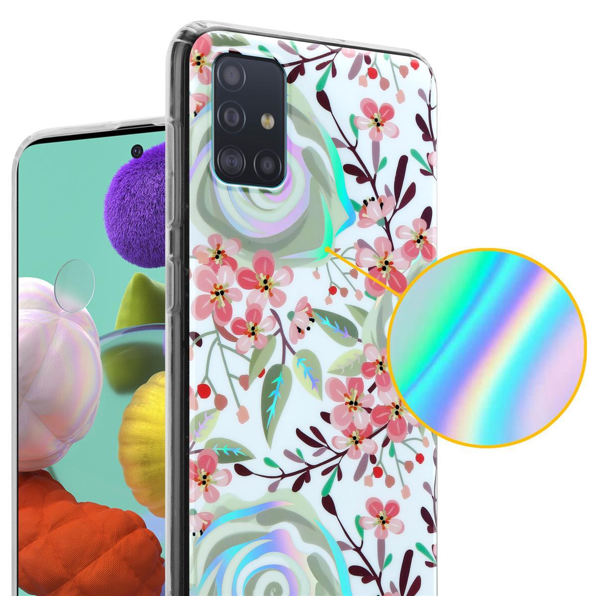 Una custodia per telefono con un design floreale, sfondo bianco. Un dettaglio circolare è evidenziato.