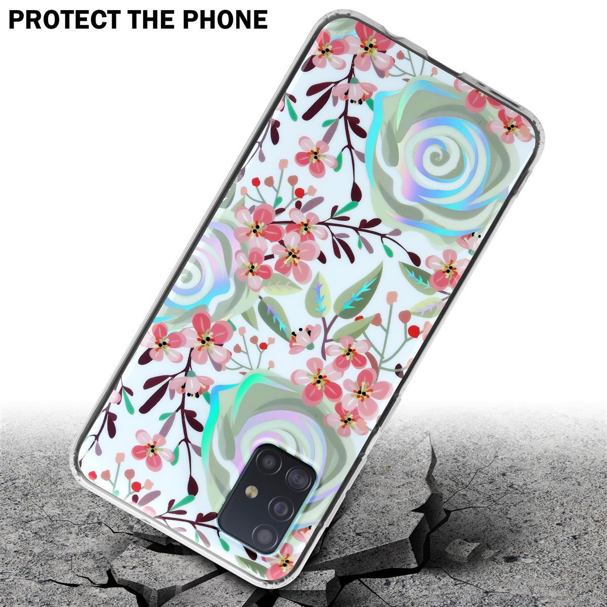 Custodia per telefono con design floreale, fiori rosa e foglie verdi. Su superficie incrinata. Protezione.