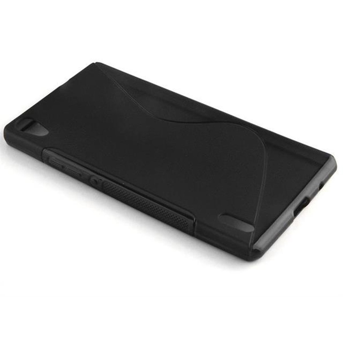 Una custodia per telefono nera. Ha un design pulito e una superficie liscia.