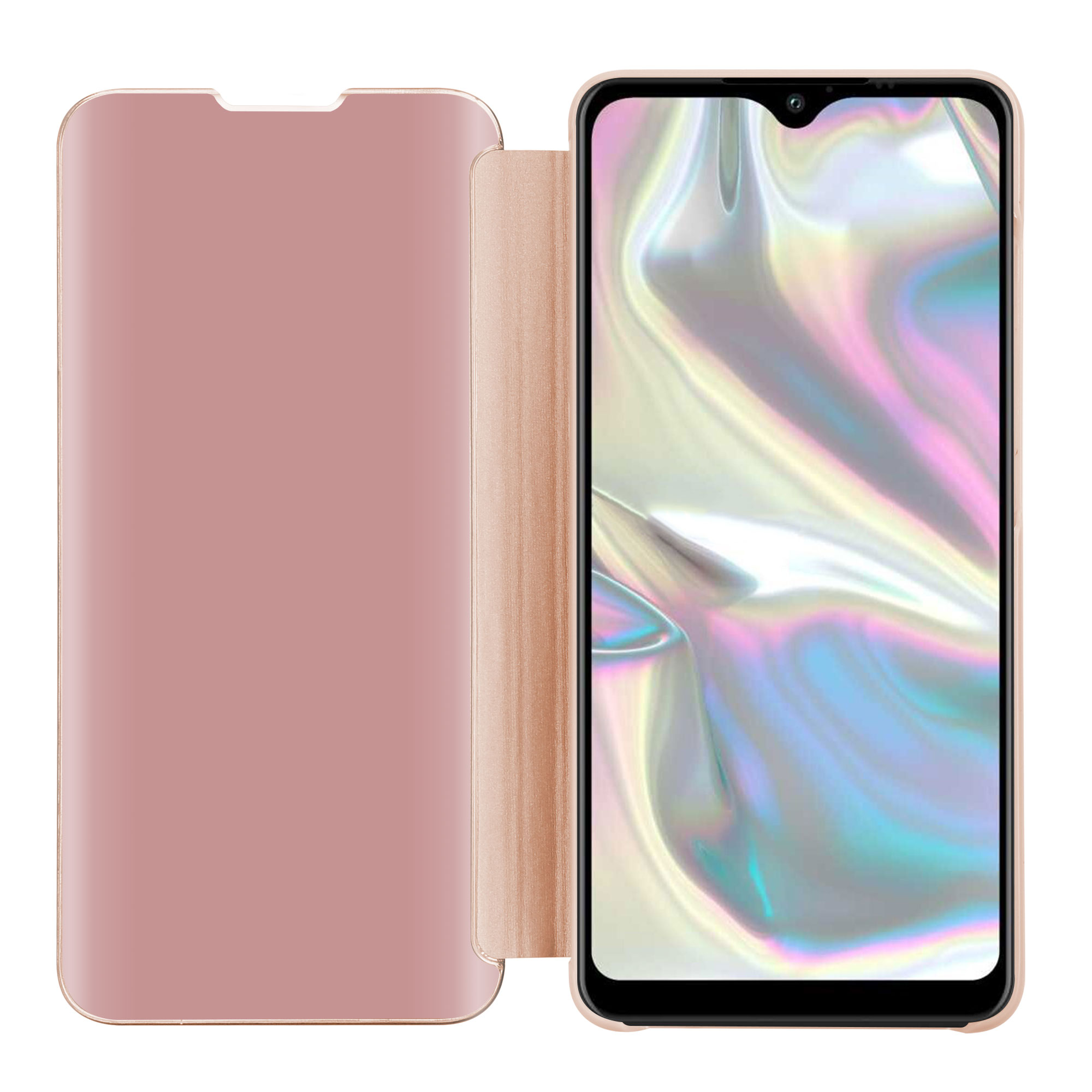 Eine rosa Handyhülle mit geöffneter Abdeckung, die den Telefonbildschirm auf weißem Hintergrund zeigt.
