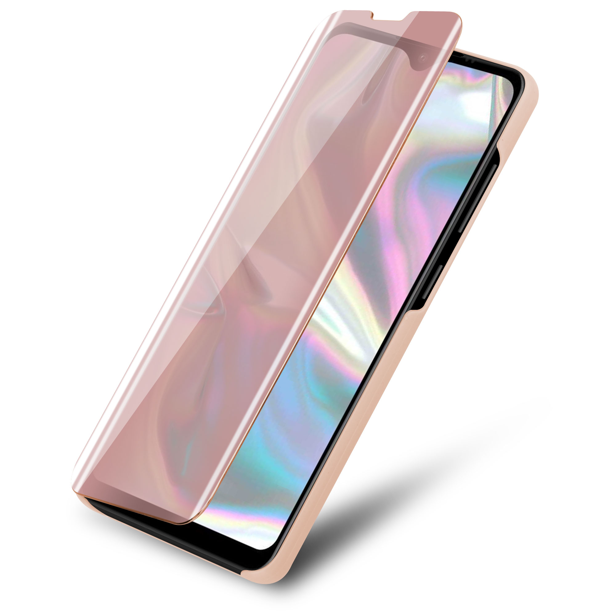 Roségoldfarbene Handyhülle mit klarer Abdeckung über einem Telefon mit mehrfarbigem Hintergrund.