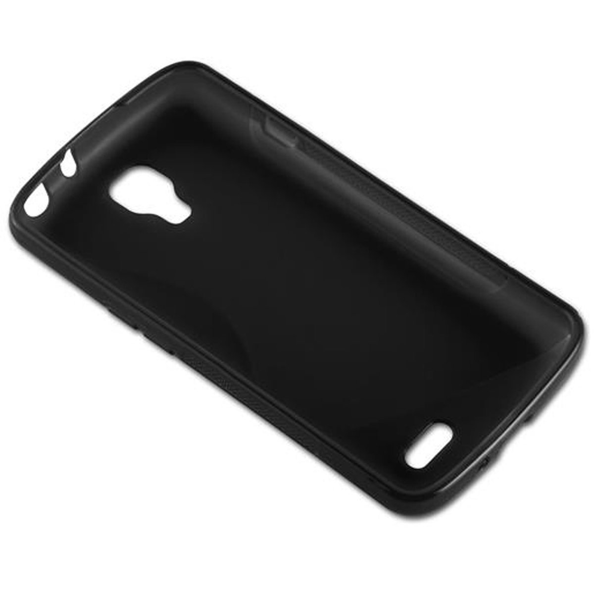 Un étui de téléphone noir est présenté sous un angle sur fond blanc.