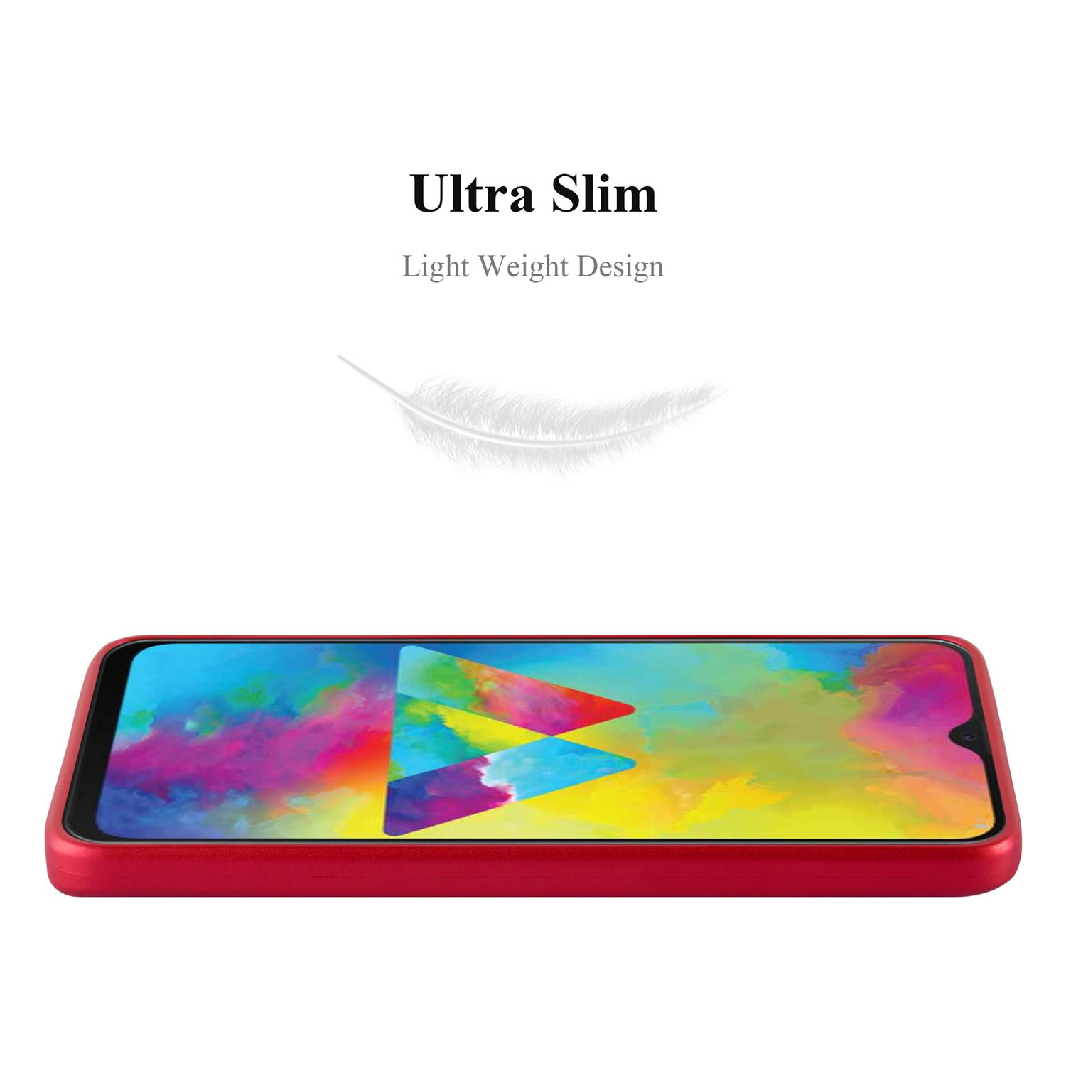Una funda de teléfono roja sobre fondo blanco. Una pluma arriba, texto 'Ultra Slim'.