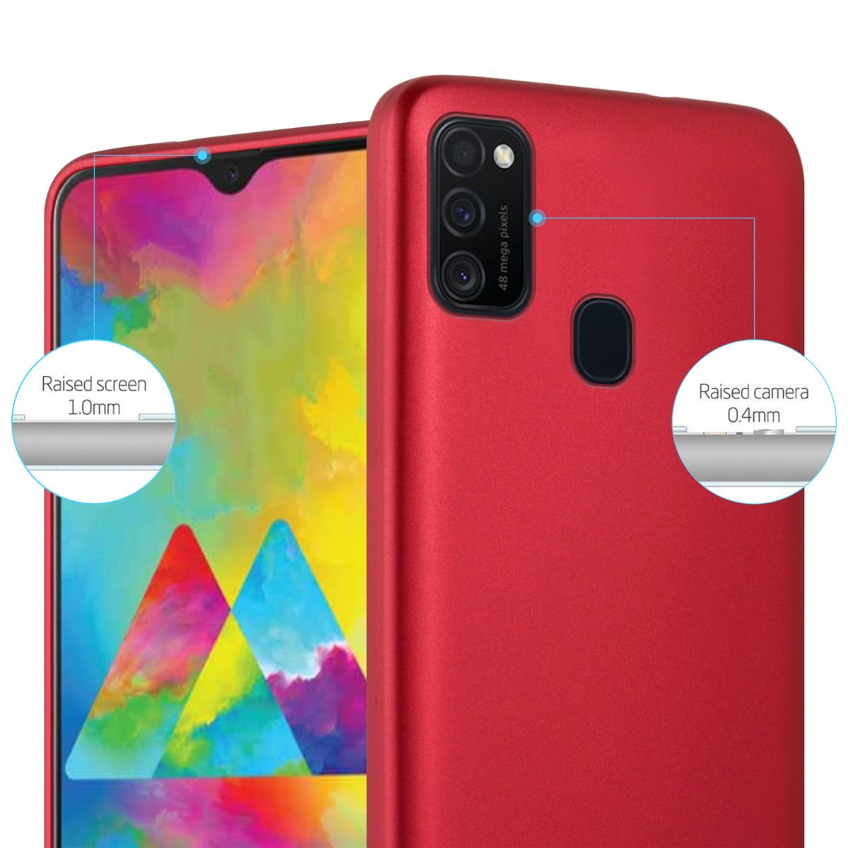 Una funda roja para teléfono que destaca los bordes elevados de la pantalla y la cámara, con medidas en mm.