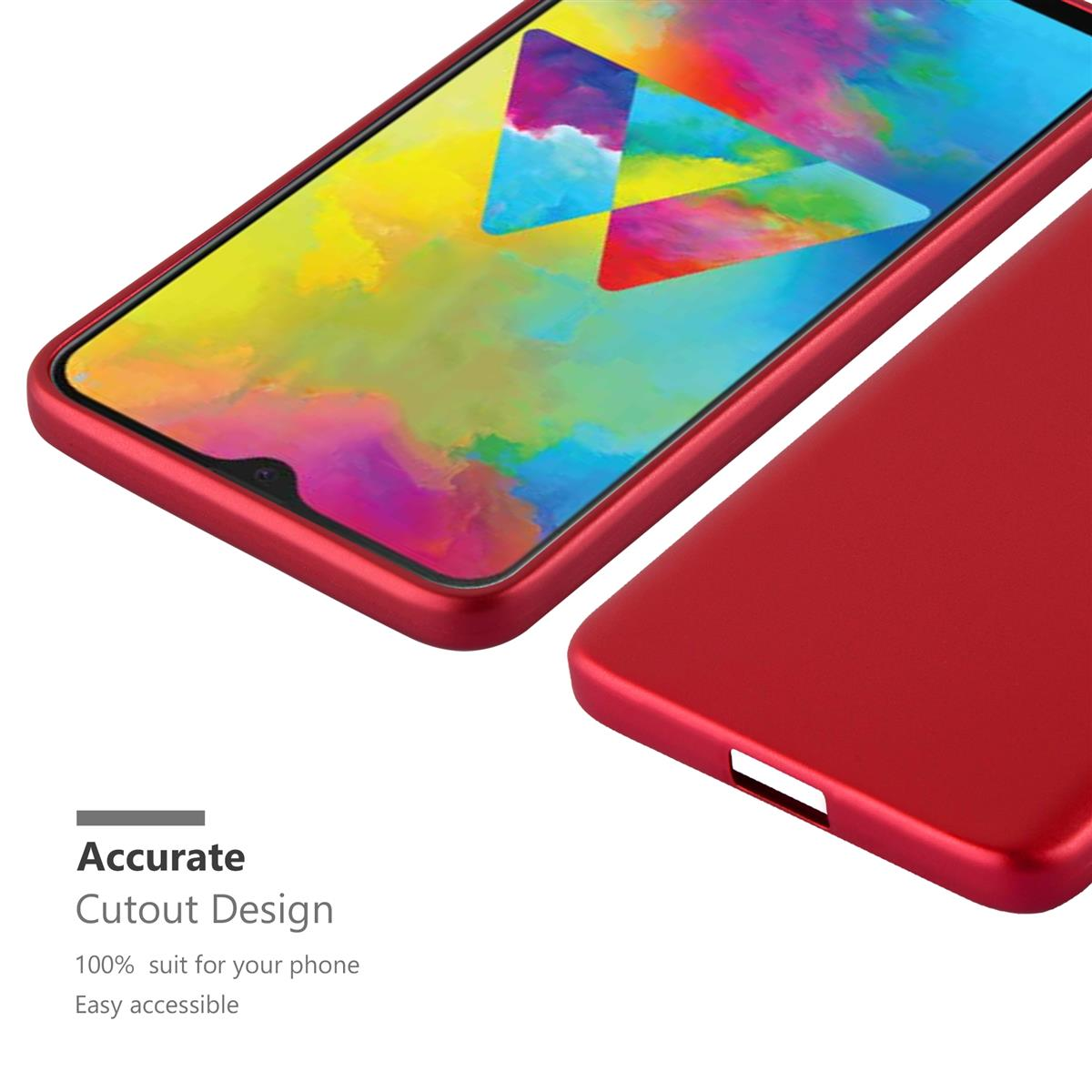 Funda de teléfono en rojo, con un teléfono dentro. La funda está abierta. Fondo blanco.